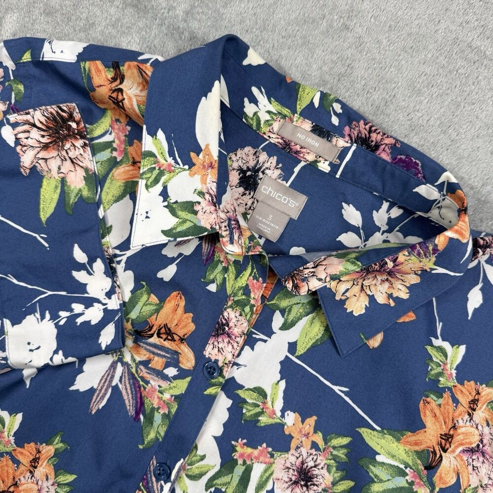 Chico's Shirt Women’s XL Blue Cotton Floral Print Front Tie 3/4 Sleeve No Iron